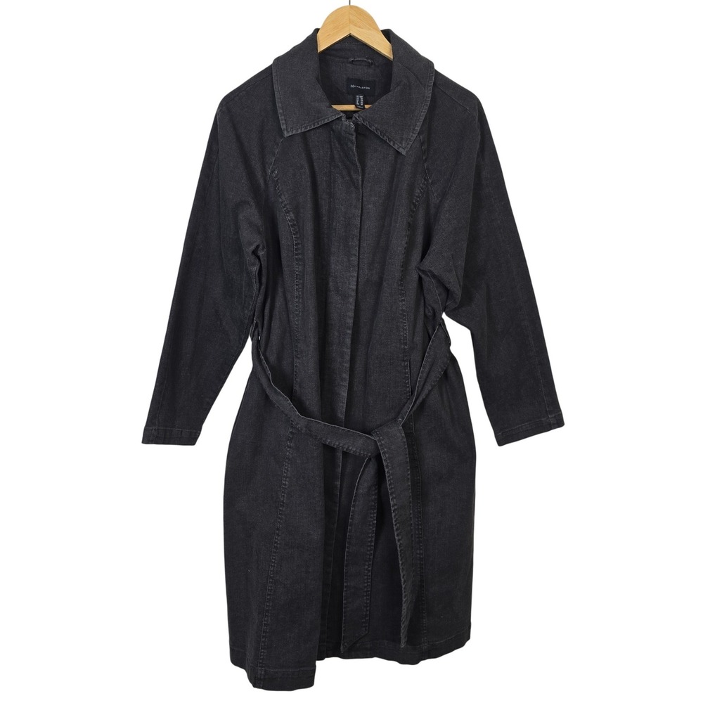 H by Halston Womens 18W Black Denim Trench Coat Zip Front Belted Long Jacket